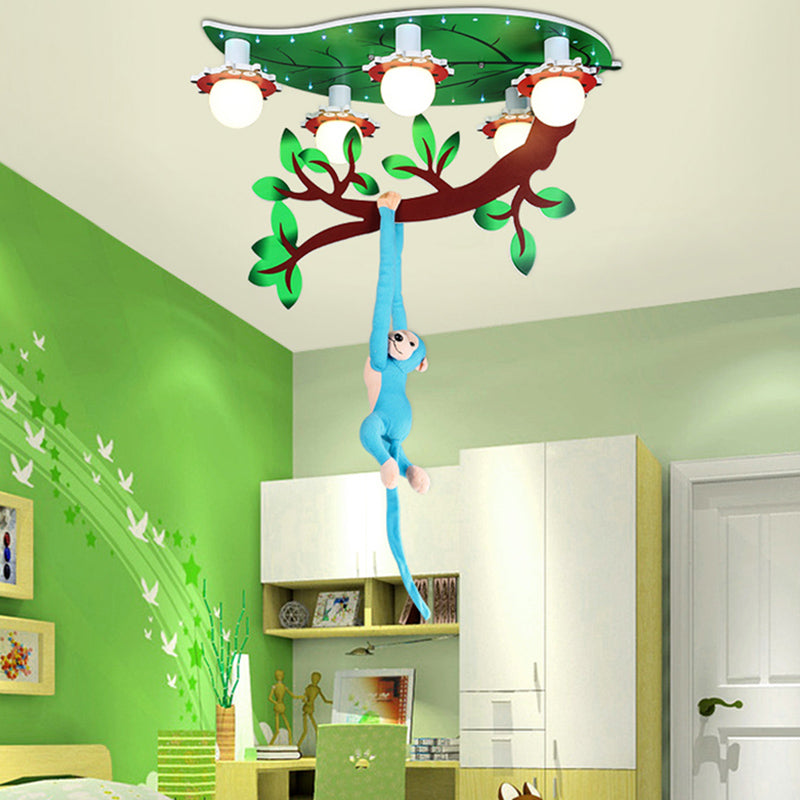 Salle de soins infirmiers Ceiling Fixture with Hanging Monkey Wood 4 Lights Green Ceiling Mount Light