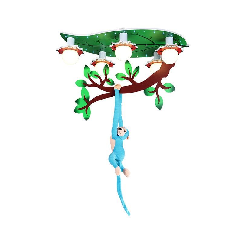 Salle de soins infirmiers Ceiling Fixture with Hanging Monkey Wood 4 Lights Green Ceiling Mount Light