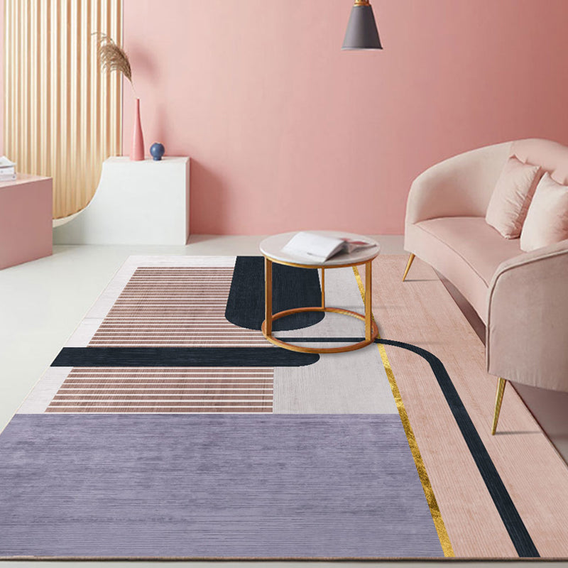 Multicolor Living Room Rug Minimalist Geometric and Striped Pattern Rug Polyester Washable Anti-Slip Backing Pet Friendly Carpet