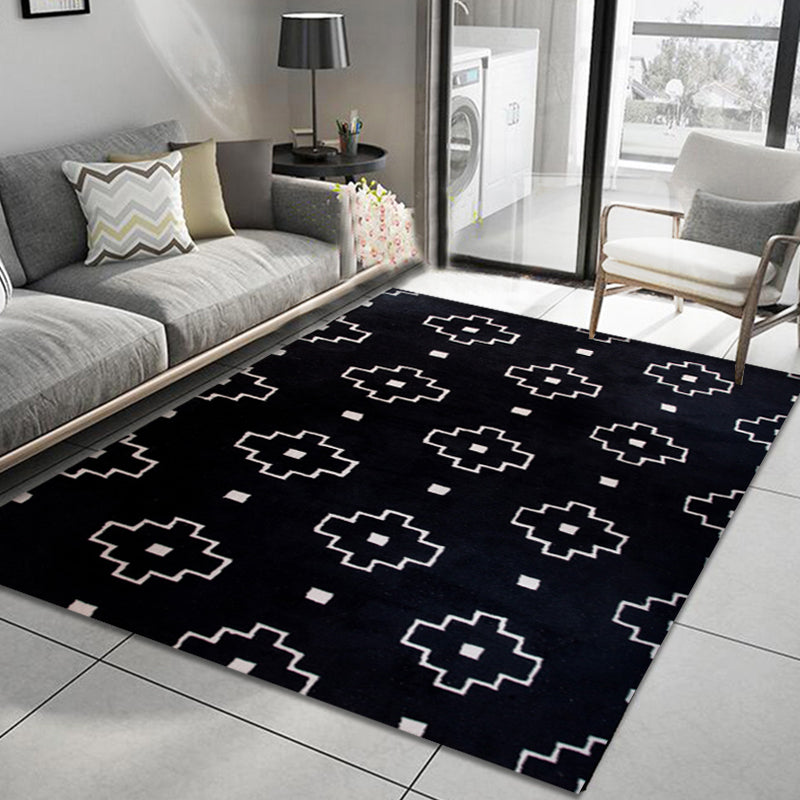 Modern Geometric Pattern Rug Black Polyester Rug Non-Slip Pet Friendly Washable Are Rug for Living Room