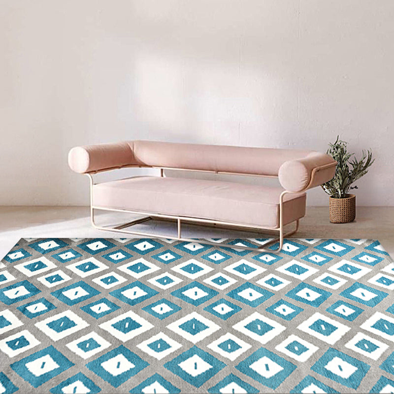 Blue Bedroom Rug Contemporary Geometric Pattern Rug Polyester Washable Anti-Slip Backing Pet Friendly Carpet
