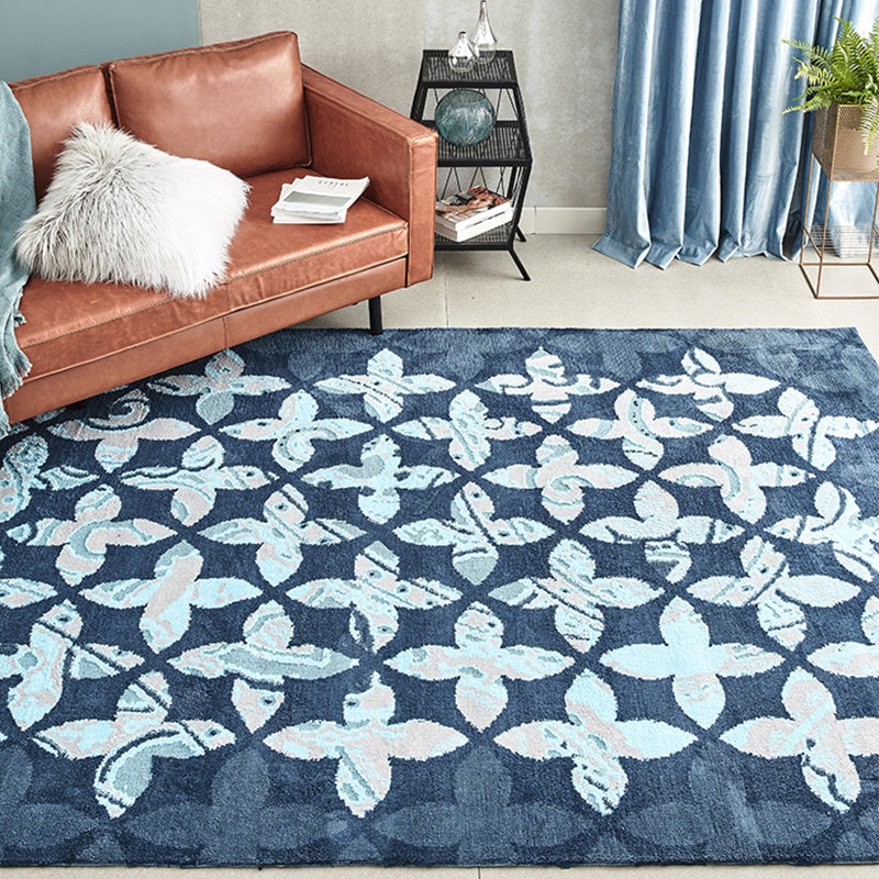 Blue Bedroom Rug Contemporary Geometric Pattern Rug Polyester Washable Anti-Slip Backing Pet Friendly Carpet
