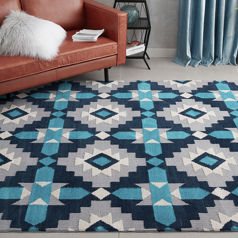 Blue Bedroom Rug Contemporary Geometric Pattern Rug Polyester Washable Anti-Slip Backing Pet Friendly Carpet