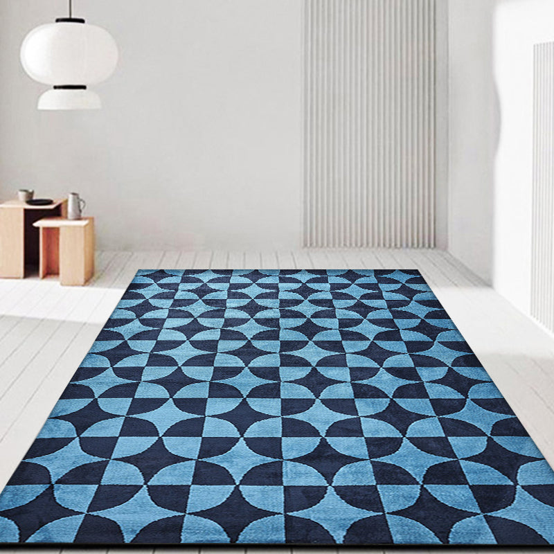 Blue Bedroom Rug Contemporary Geometric Pattern Rug Polyester Washable Anti-Slip Backing Pet Friendly Carpet