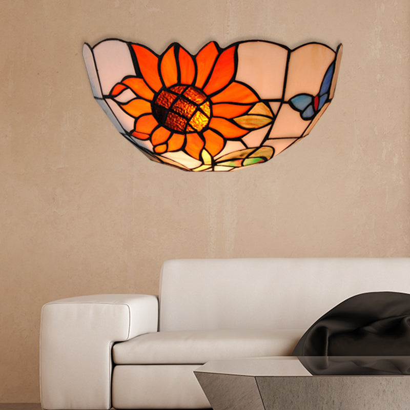 Sunflower Wall Lighting with Butterfly Pattern Rustic Loft Art Glass 1 Light Wall Sconce Light for Bedroom