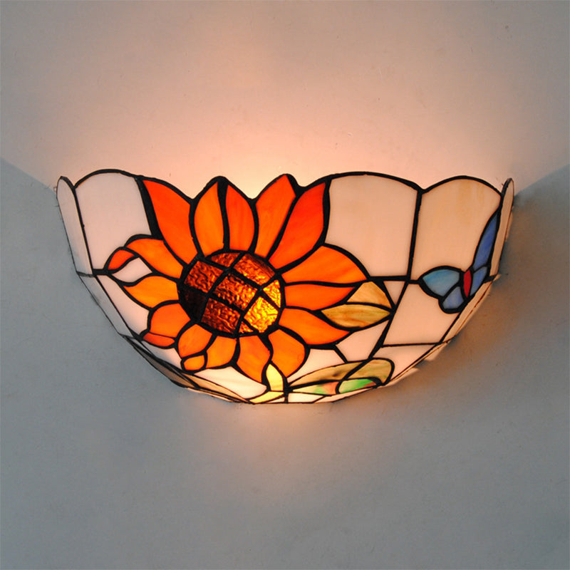Sunflower Wall Lighting with Butterfly Pattern Rustic Loft Art Glass 1 Light Wall Sconce Light for Bedroom