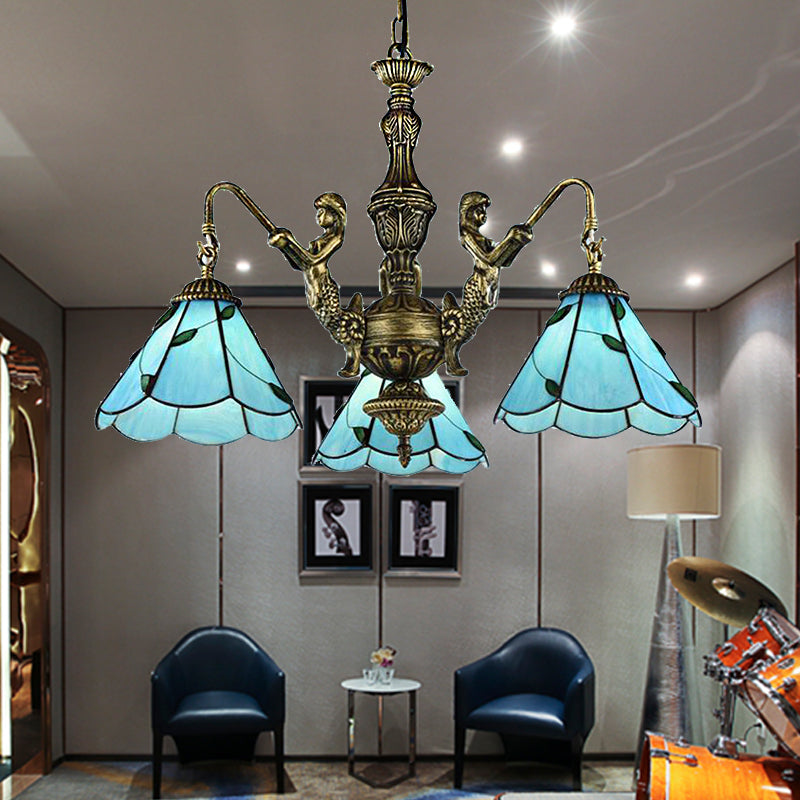 3/5 luci illuminazione lampadario illuminazione Tiffany conico con vetrate piena di soffitto in blu con design della sirena