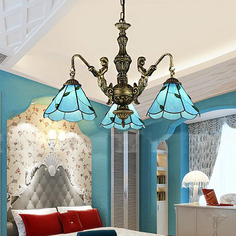 3/5 luci illuminazione lampadario illuminazione Tiffany conico con vetrate piena di soffitto in blu con design della sirena