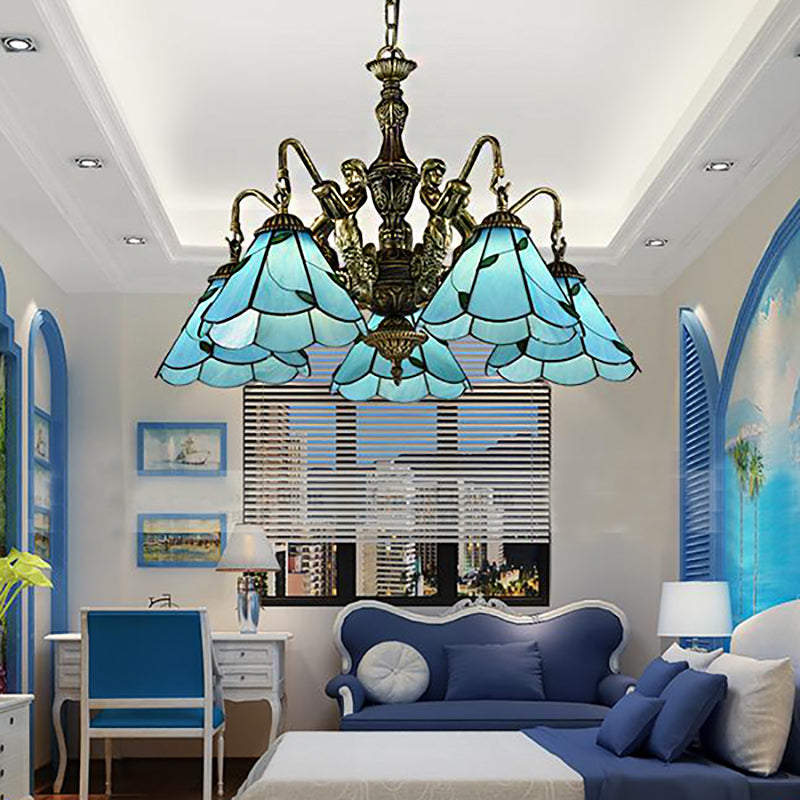 3/5 luci illuminazione lampadario illuminazione Tiffany conico con vetrate piena di soffitto in blu con design della sirena