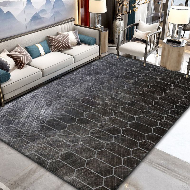 Grey Living Room Rug Minimalist Geometric and Plaid Pattern Rug Polyester Washable Anti-Slip Backing Pet Friendly Carpet