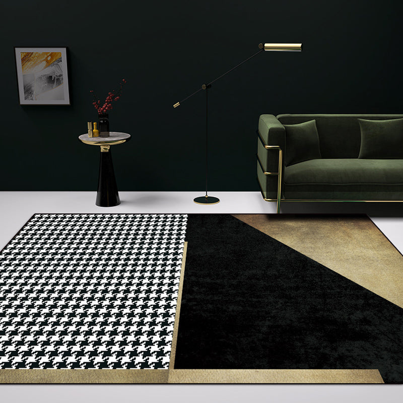 Black Living Room Rug Simplicity Houndstooth Pattern Rug Polyester Washable Anti-Slip Backing Pet Friendly Carpet