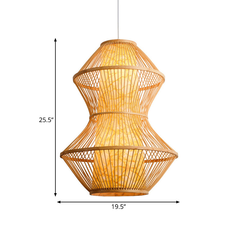Asian Style Gourd Shaped Hanging Lighting Bamboo 19.5"/23.5" Wide 1 Head Restaurant Pendant Lamp in Wood