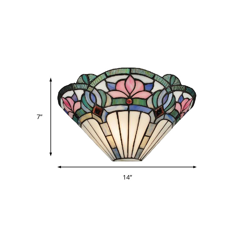 Lotus Wall Sconce Light Traditional Stained Glass 1 Bulb Wall Lighting in Pink and Green for Corridor