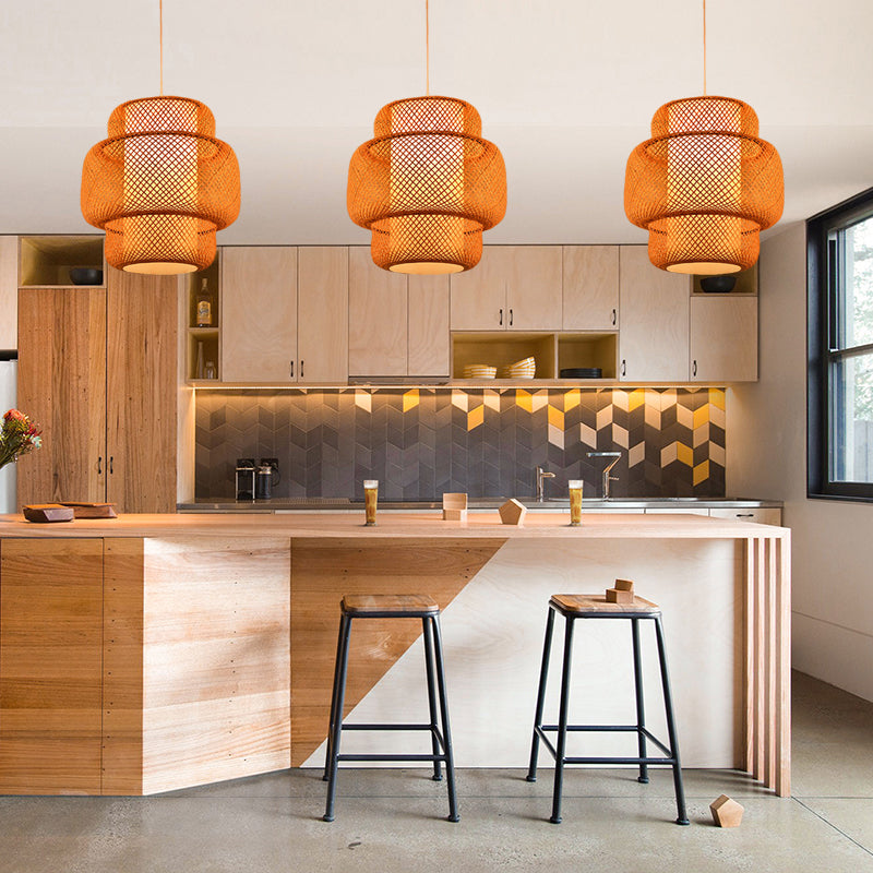 Lantern Shaped Hanging Light with Cross Woven Design Asian Bamboo 18"/19.5" W 1 Light Dining Room Suspension Lamp in Flaxen