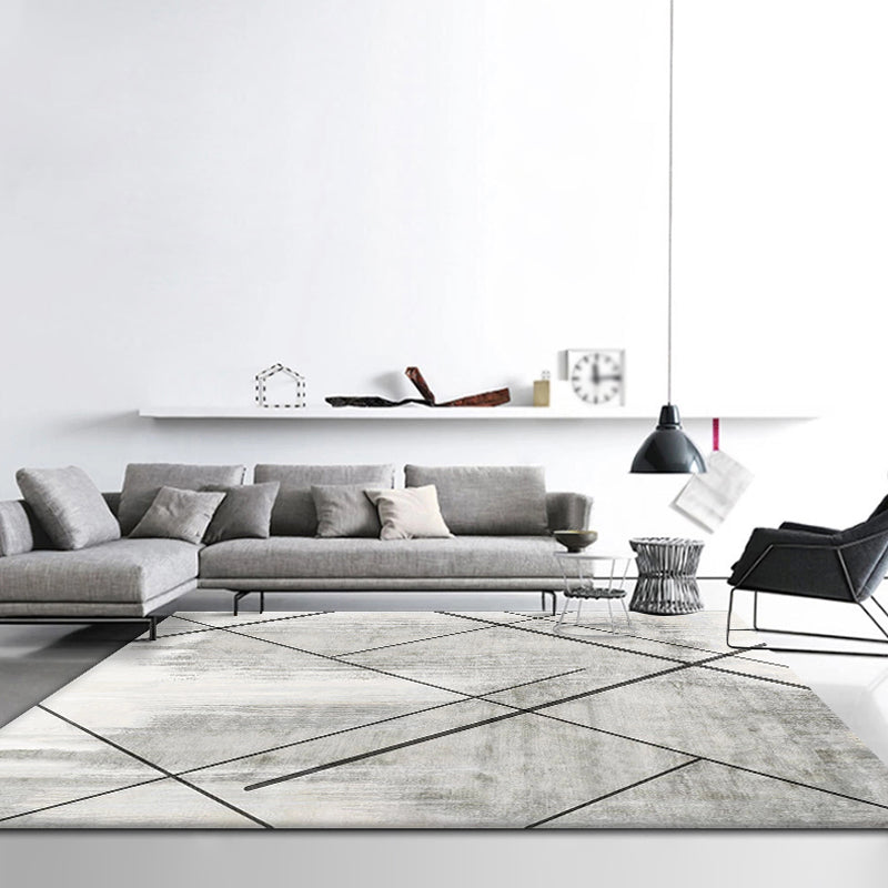 Grey Living Room Rug Modernism Geometric Pattern Rug Polyester Washable Anti-Slip Backing Pet Friendly Carpet