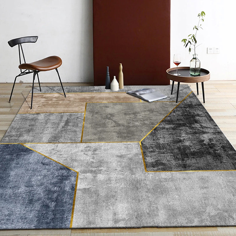Grey Living Room Rug Modernism Geometric Pattern Rug Polyester Washable Anti-Slip Backing Pet Friendly Carpet