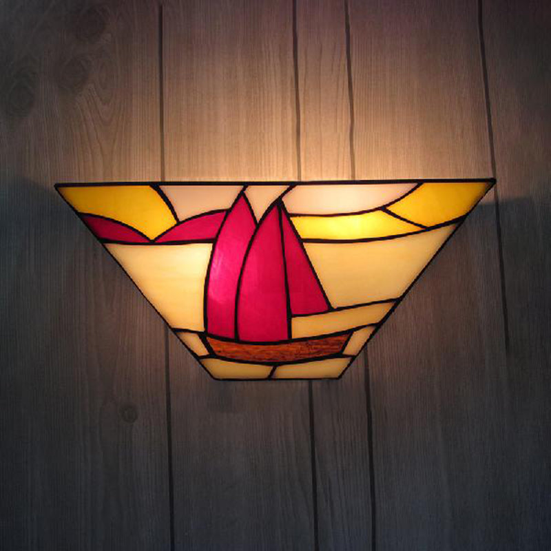 Trapezoid Wall Mount Light with Sailboat Stained Glass Nautical 1 Light Wall Sconce for Outdoor