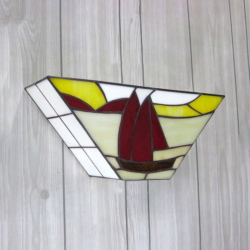 Trapezoid Wall Mount Light with Sailboat Stained Glass Nautical 1 Light Wall Sconce for Outdoor