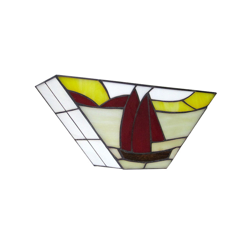 Trapezoid Wall Mount Light with Sailboat Stained Glass Nautical 1 Light Wall Sconce for Outdoor