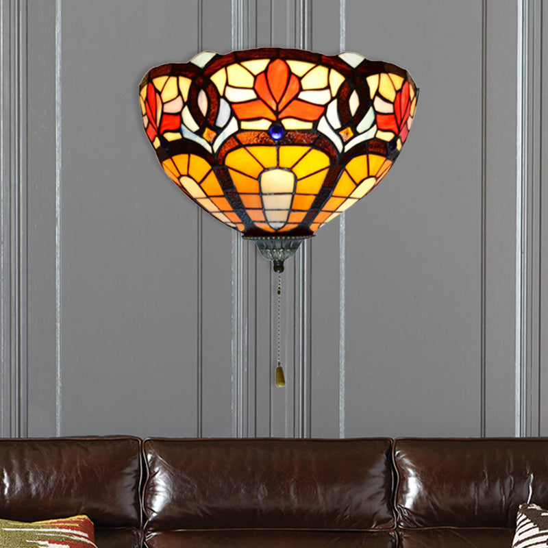Stained Glass Bowl Wall Lamp with Flower Pattern and Pull Chain 1 Light Victorian Wall Sconce