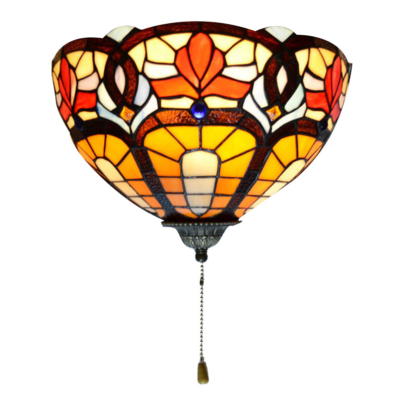 Stained Glass Bowl Wall Lamp with Flower Pattern and Pull Chain 1 Light Victorian Wall Sconce