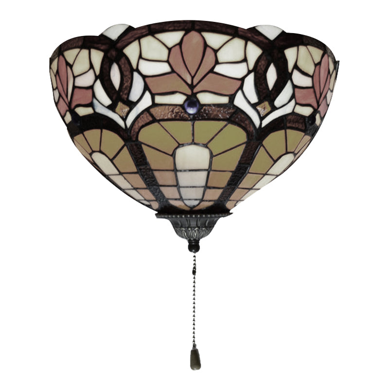 Stained Glass Bowl Wall Lamp with Flower Pattern and Pull Chain 1 Light Victorian Wall Sconce