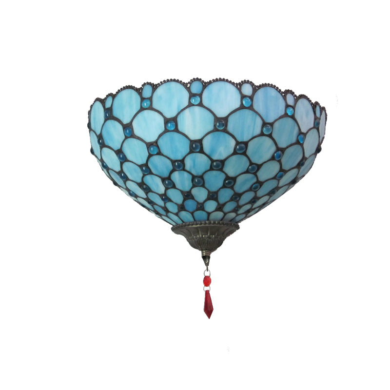 Bowl Wall Mount Light with Fish Scale 1 Light Stained Glass Tiffany Style Blue Wall Lighting