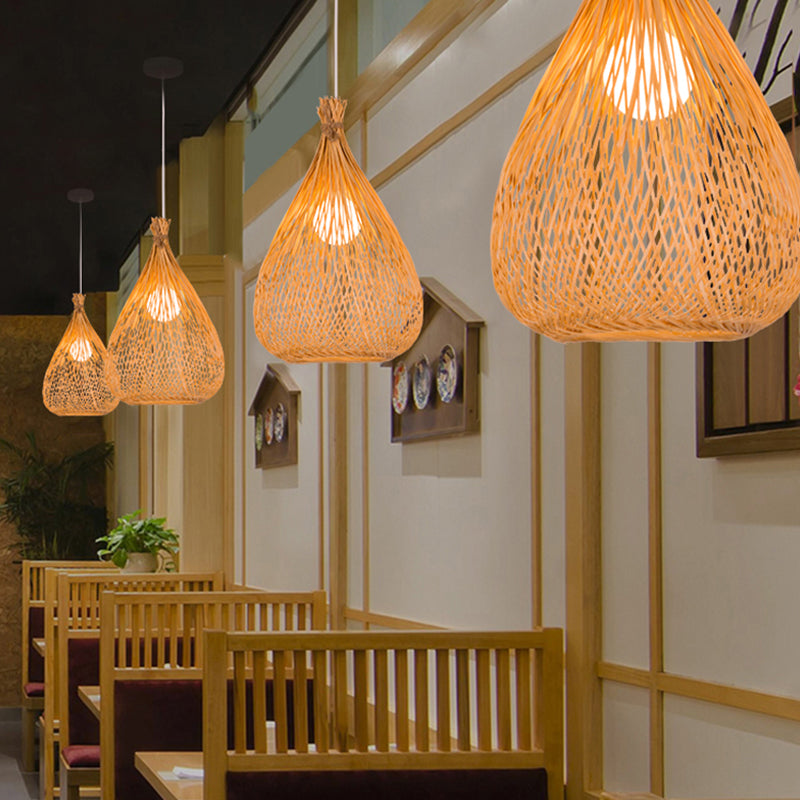 Beige Teardrop Shade Down Lighting Japanese Single Light Hand-Woven Bamboo Pendant Light for Restaurant