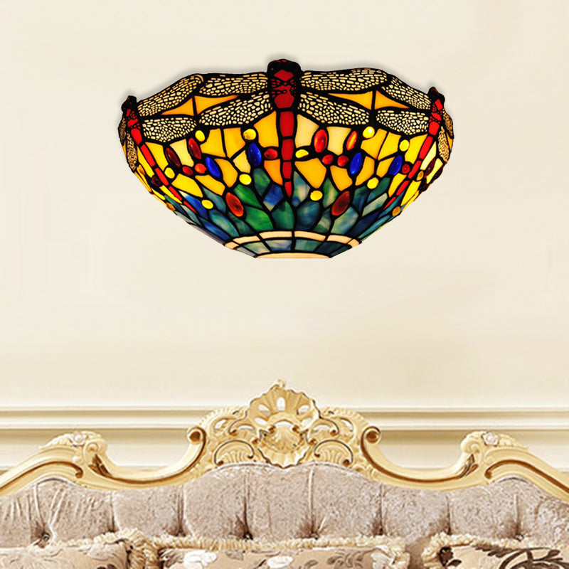 Dragonfly Sconce Lighting Rustic Lodge Stained Glass 1 Light Wall Mount Lighting in Yellow and Green