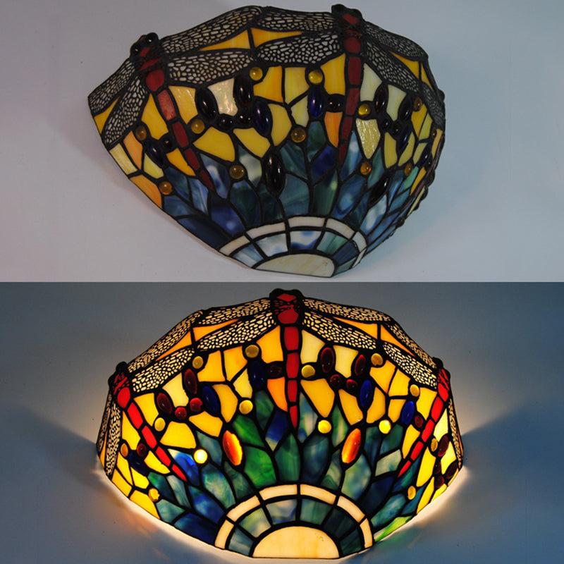 Dragonfly Sconce Lighting Rustic Lodge Stained Glass 1 Light Wall Mount Lighting in Yellow and Green