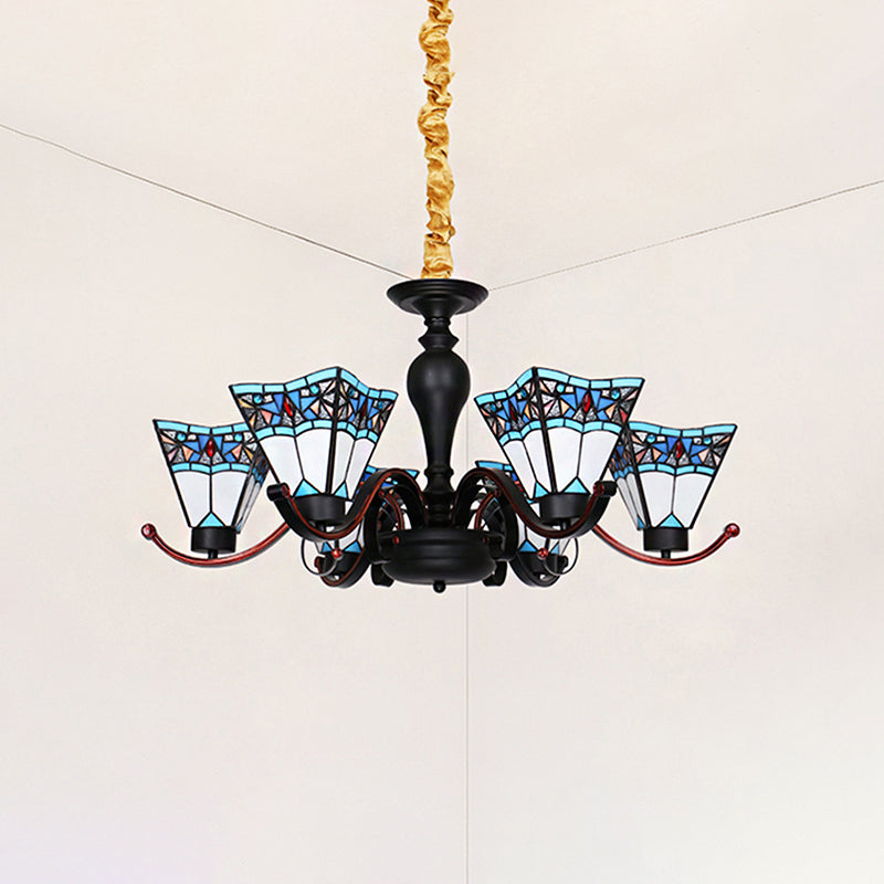 6 Lights Geometric Hanging Light Tiffany Style Stained Glass Inverted Chandelier for Dining Room
