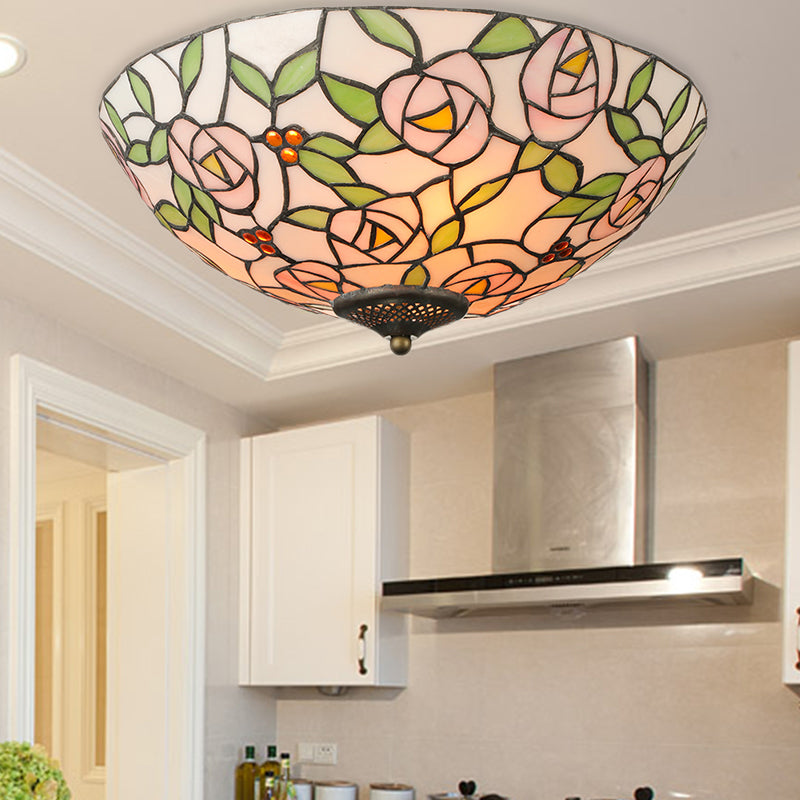 Pink and Green Bowl Flush Light with Rose Vintage Tiffany Stained Glass Flush Ceiling Light
