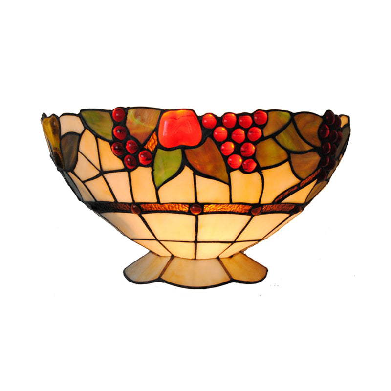 Art Deco Bowl Wall Lighting with Fruit Pattern Lodge Stained Glass 1 Bulb Wall Sconce Light