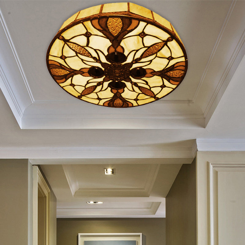 Zirkular flushmount light vintage gefärbt Glas 2 Lichter Deckenleuchte mit Pfauenschwanz Muster in Beige