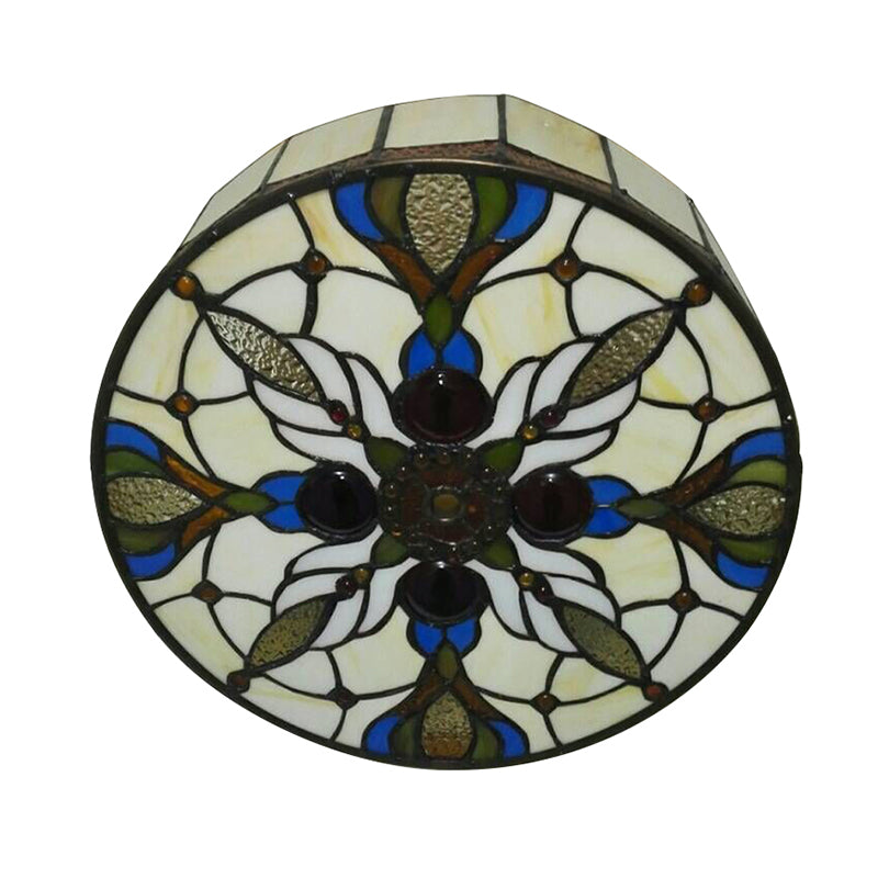Zirkular flushmount light vintage gefärbt Glas 2 Lichter Deckenleuchte mit Pfauenschwanz Muster in Beige