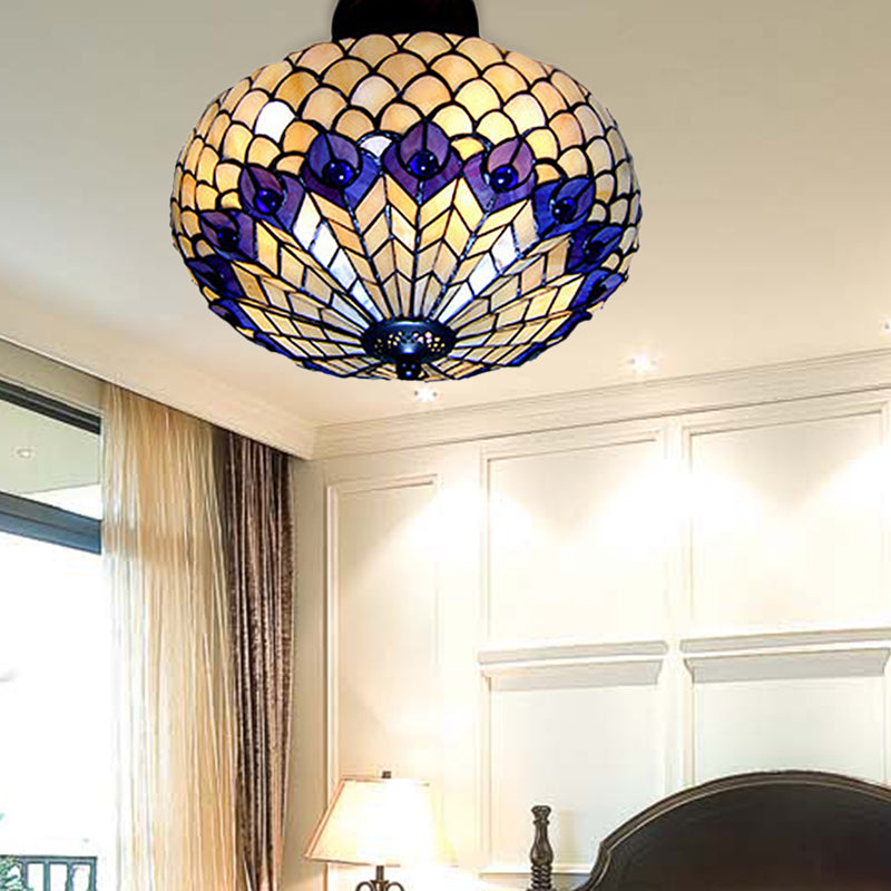 Peacock Pattern Semi Flush Light Vintage Stained Glass 3 Lights Ceiling Light for Bedroom Lighting