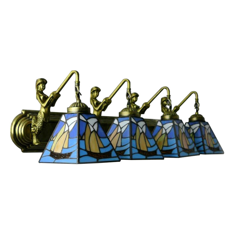 Stained Glass Blue Sconce Light Sailboat 4 Heads Mediterranean Wall Mount Light Fixture