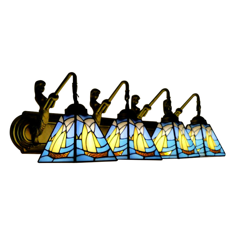 Stained Glass Blue Sconce Light Sailboat 4 Heads Mediterranean Wall Mount Light Fixture