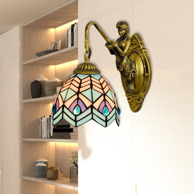 Peacock Tail Sconce Light Tiffany Multicolor Stained Glass 1 Head Antique Brass Wall Mount Light
