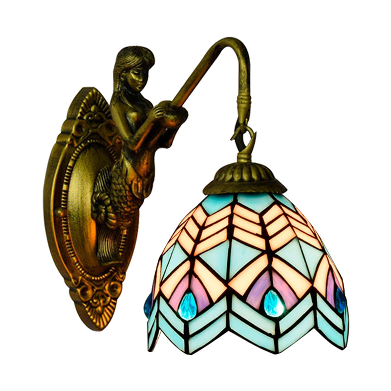 Peacock Tail Sconce Light Tiffany Multicolor Stained Glass 1 Head Antique Brass Wall Mount Light
