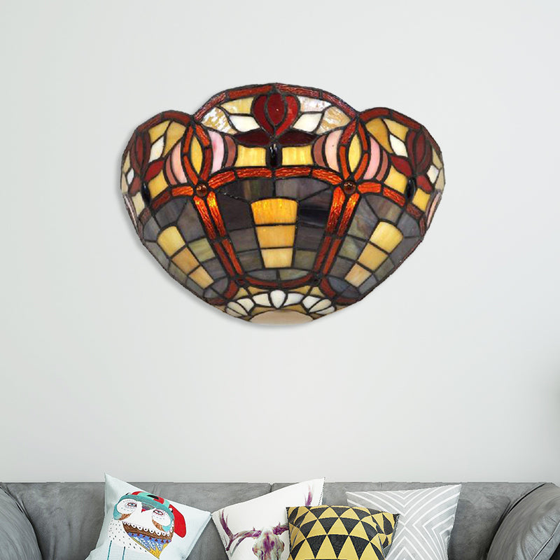 Art Glass Bowl Wall Lighting Rustic Tiffany 1 Light Wall Sconce Lamp in Red Brown for Corridor
