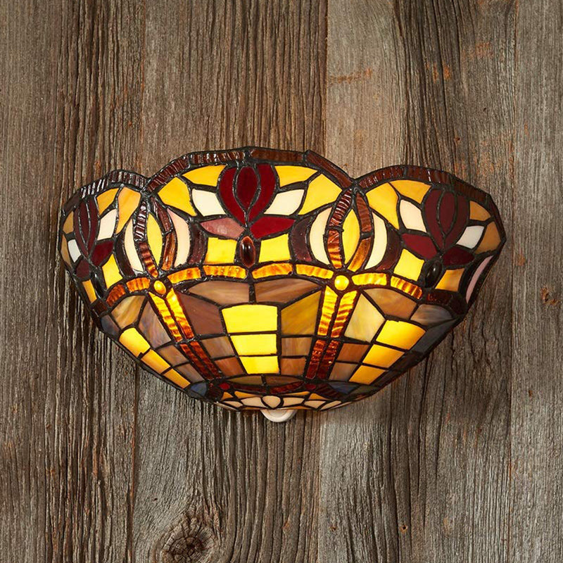 Art Glass Bowl Wall Lighting Rustic Tiffany 1 Light Wall Sconce Lamp in Red Brown for Corridor