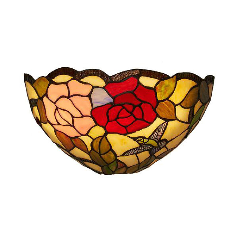 Rose Pattern Wall Mount Light with Bowl Shade 1 Light Stained Glass Lodge Tiffany Wall Lamp