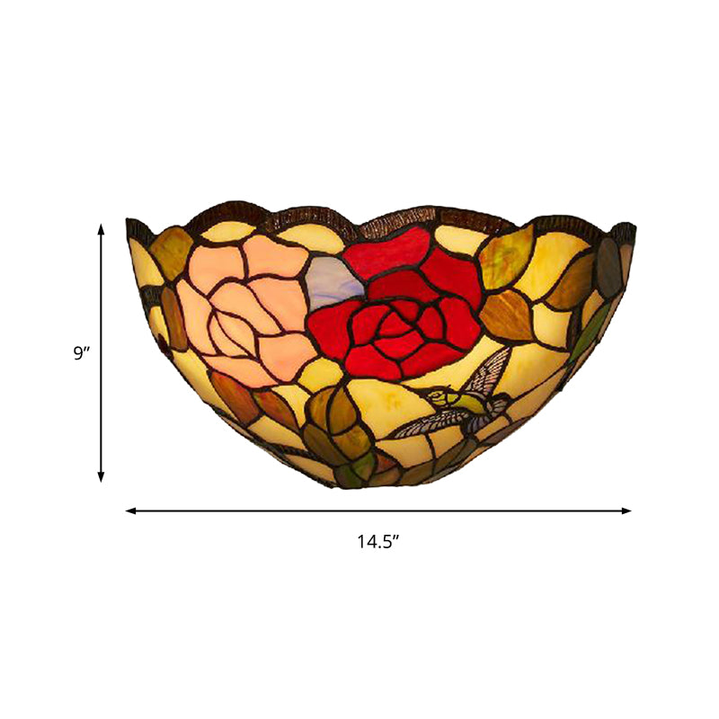 Rose Pattern Wall Mount Light with Bowl Shade 1 Light Stained Glass Lodge Tiffany Wall Lamp
