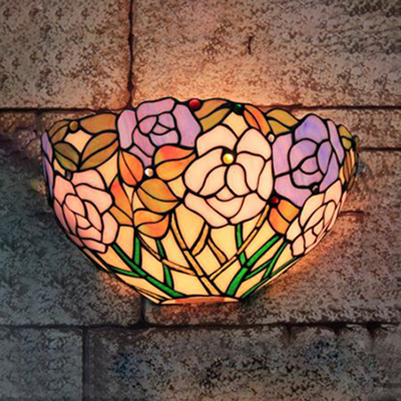 Flowers Wall Mount Light Tiffany Lodge Stained Glass 1 Light Outdoor Wall Sconce in Blue and Pink