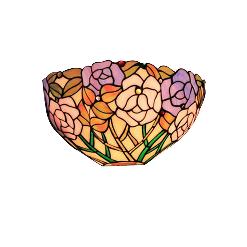 Flowers Wall Mount Light Tiffany Lodge Stained Glass 1 Light Outdoor Wall Sconce in Blue and Pink