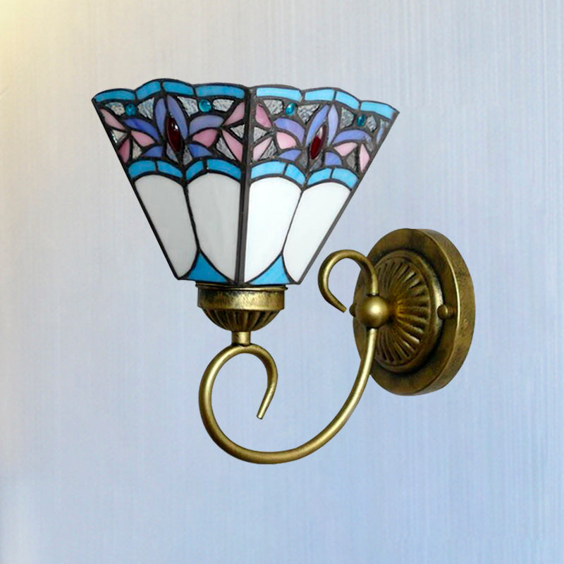 1 Head Wall Light Fixture Tiffany Cone Purple-Blue Glass Sconce Light Fixture with Scrolling Arm