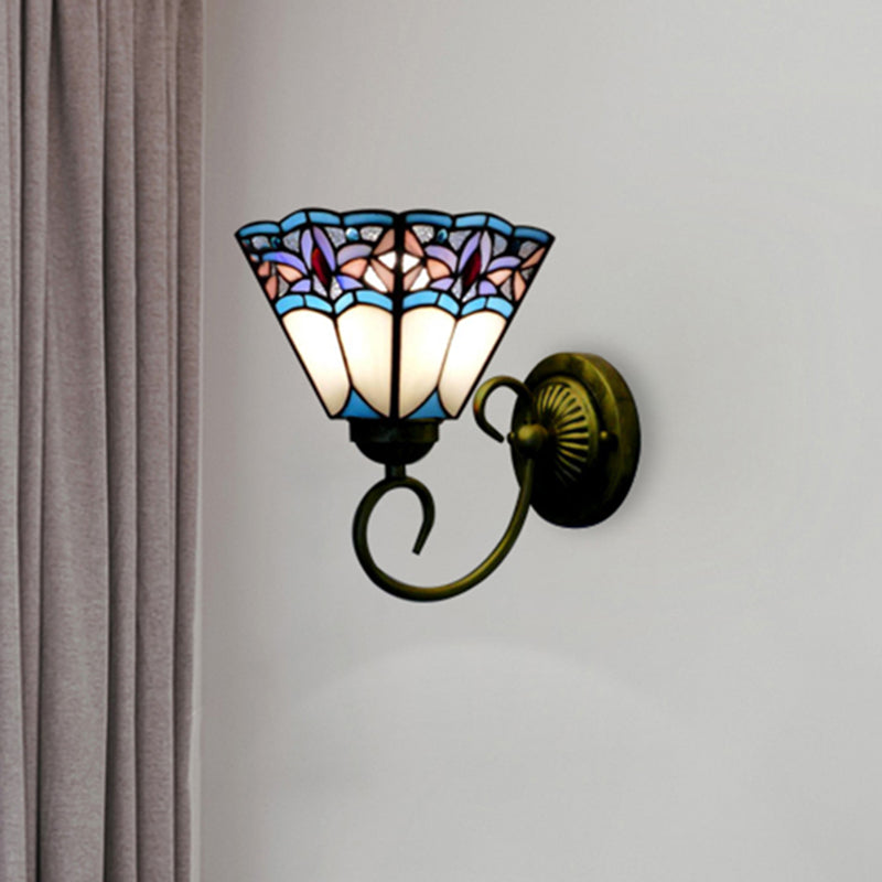 1 Head Wall Light Fixture Tiffany Cone Purple-Blue Glass Sconce Light Fixture with Scrolling Arm