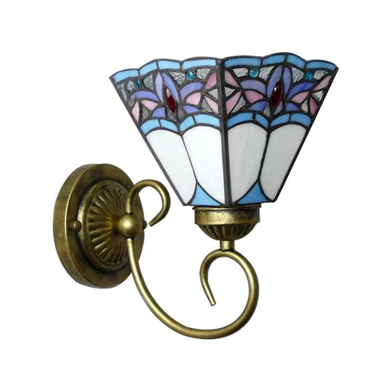 1 Head Wall Light Fixture Tiffany Cone Purple-Blue Glass Sconce Light Fixture with Scrolling Arm