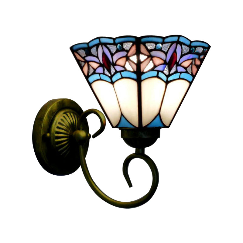1 Head Wall Light Fixture Tiffany Cone Purple-Blue Glass Sconce Light Fixture with Scrolling Arm